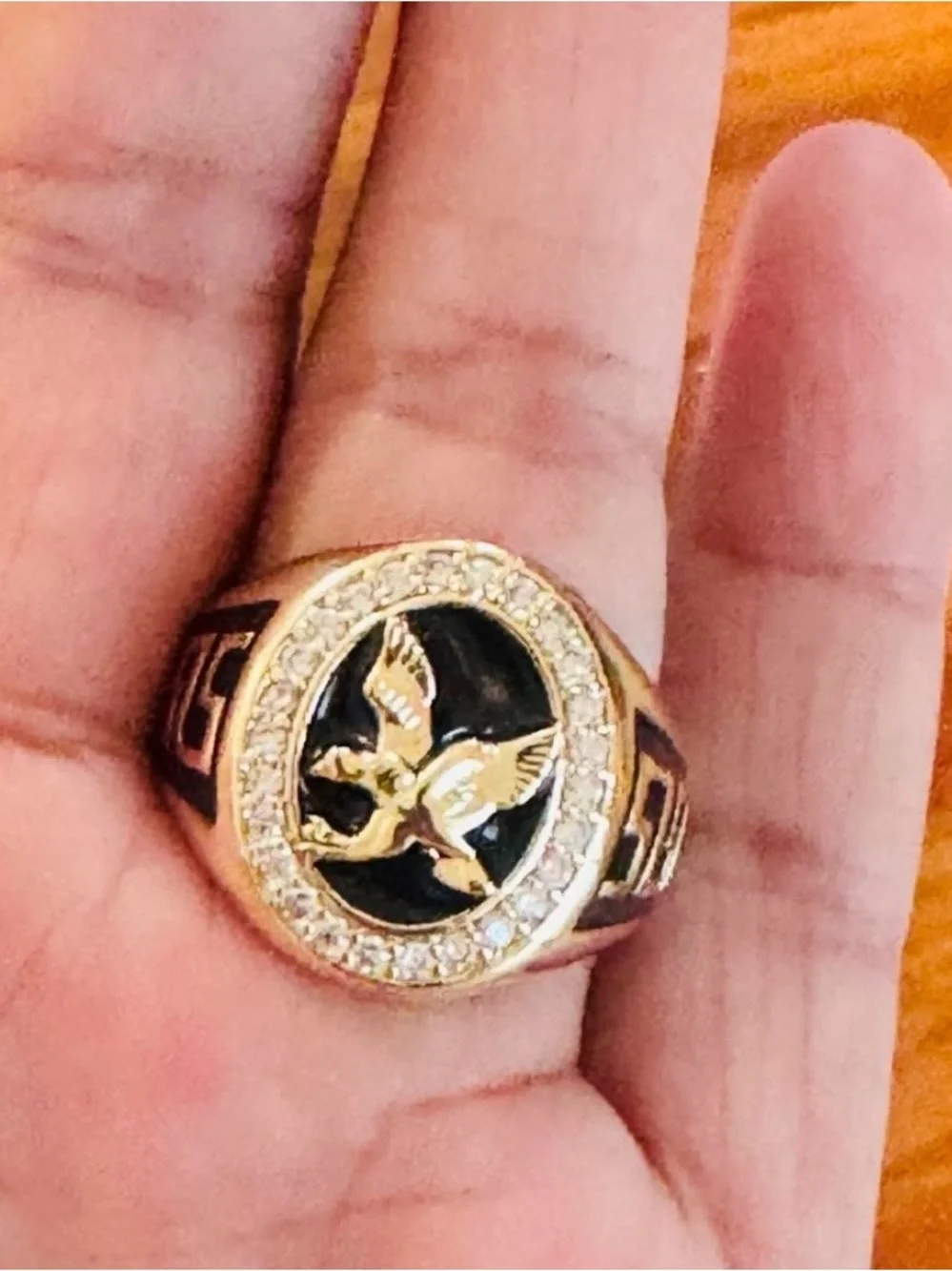 18K Gold Plated Eagle Emblem Ring with Black Enamel and Crystal Halo. Adjustable